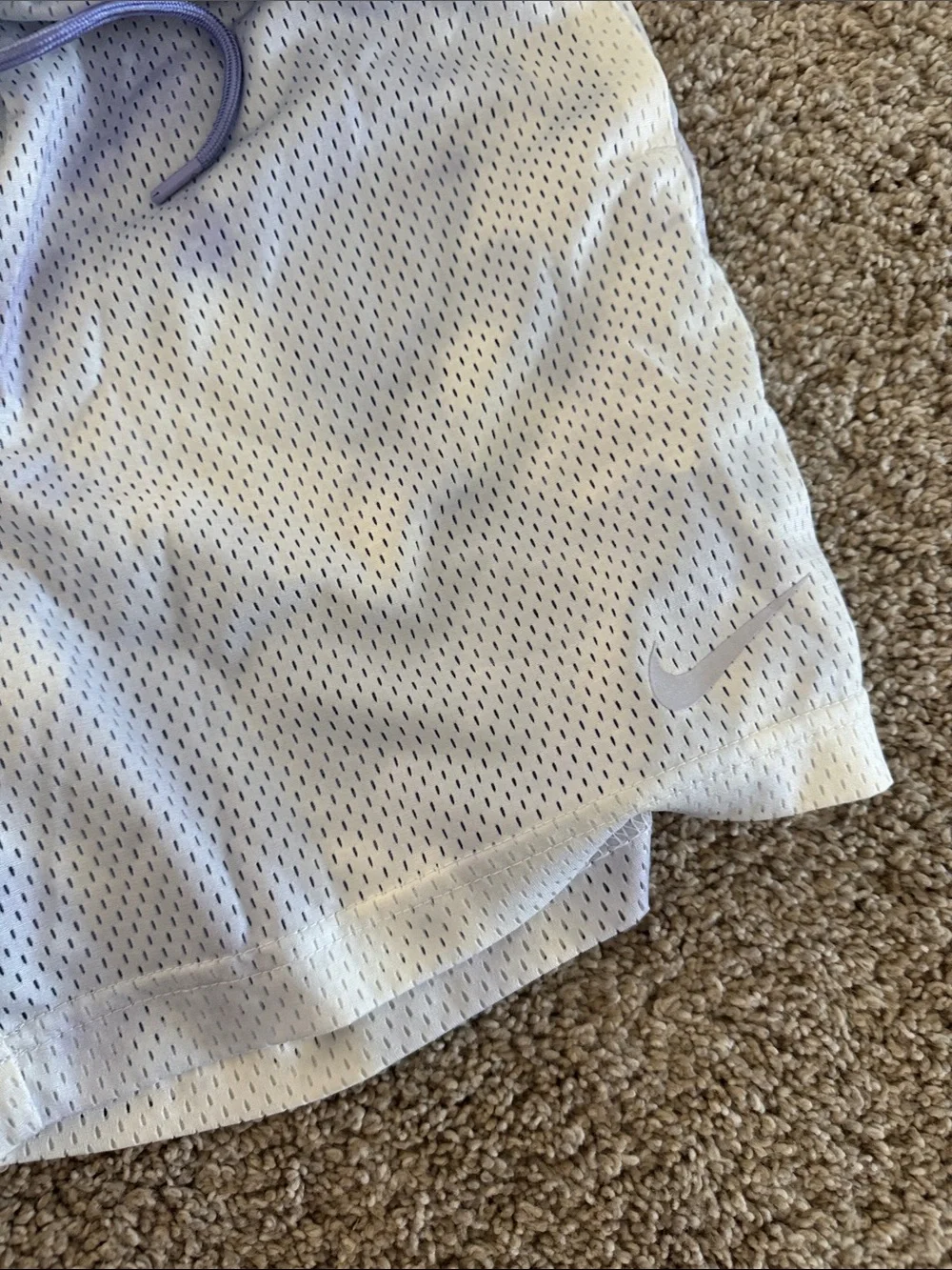 Nike Women's White Mesh Athletic Shorts with Lavender Drawstring
